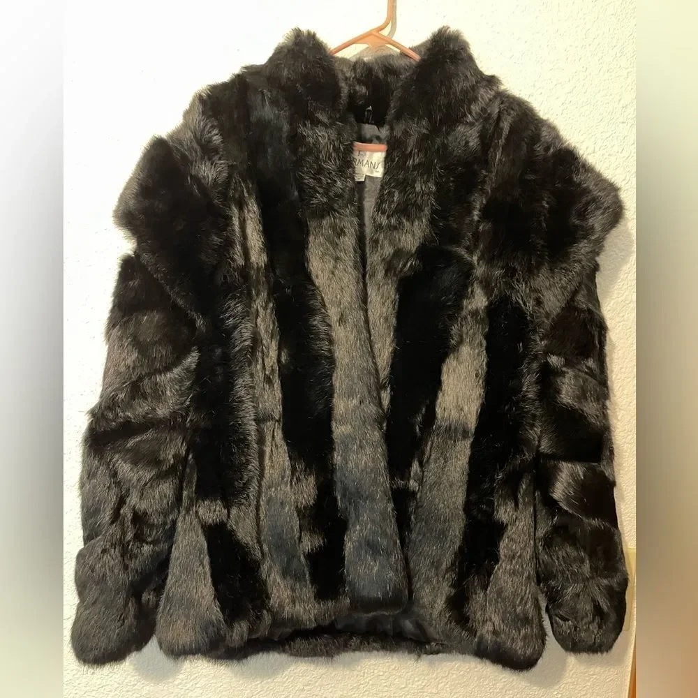 Vintage Bermans black rabbit fur coat sz M - Picture 1 of 9